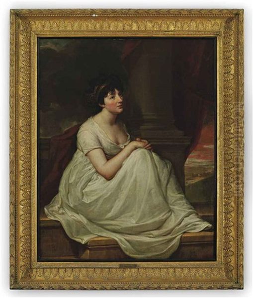 Portrait Of Jane Winder, Wife Of William Charles Monck-mason Of Masonbrook, Co. Kildare, Seated On A Ledge In A White Dress With A Gold Headdress Beside A... Oil Painting by Hugh Douglas Hamilton