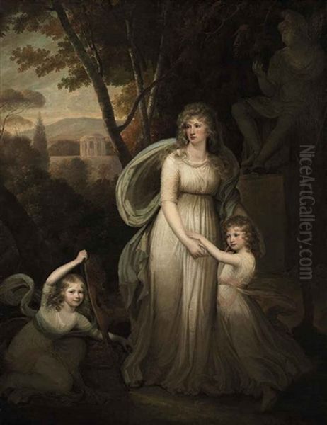 Portrait Of A Lady, With Two Children (members Of The Lichtenau Family?) In A Classical Landscape Oil Painting by Hugh Douglas Hamilton