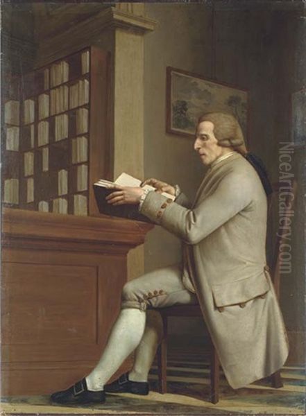 Portrait Of A Gentleman, Identified As Sir William Hamilton, Seated At A Desk, In A Beige Coat And Breeches, Reading A Book, With A Library Beyond Oil Painting by Hugh Douglas Hamilton