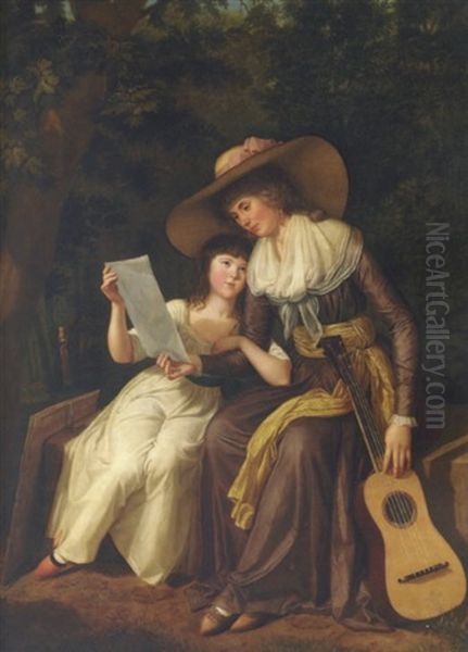 Double Portrait Of Mary, Countess Of Erne, With Her Daughter Lady Caroline Crichton, Later Lady Wharncliffe, Seated, The Former In A Brown Dress, The Latter Showing Her Mother A Drawing Oil Painting by Hugh Douglas Hamilton