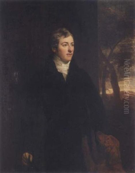 Portrait Of Henry Sadleir Prittie, 2nd Baron Dunalley Of Kilboy, Standing In A Landscape, Wearing A Black Suit And A White Stock, His Hound Beside Oil Painting by Hugh Douglas Hamilton