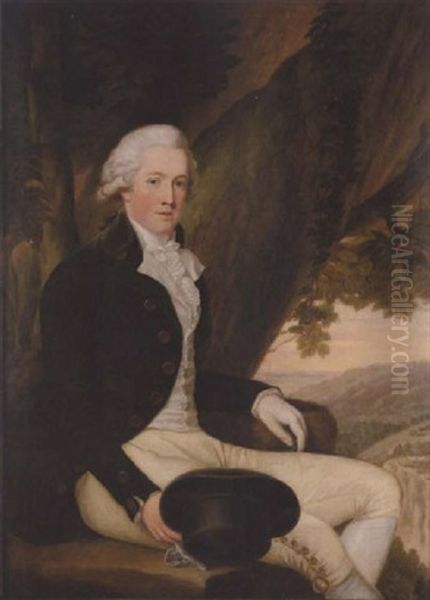 Portrait Of A Gentleman (robert Lee?), In A Green Coat, White Waistcoat And Light Yellow Breeches, Holding A Hat, A Wooded Landscape Beyond Oil Painting by Hugh Douglas Hamilton