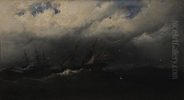 American Steamer And Another Ship On Rough Seas Oil Painting by James Hamilton