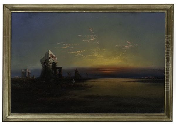 Egyptian Night - Ruins And Sunset Oil Painting by James Hamilton