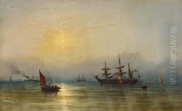 Ships At Twilight Oil Painting by James Hamilton