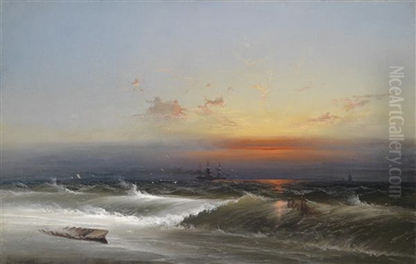 Abendstimmung Uber Einer Kustenlandschaft (philadelphia Harbor) Oil Painting by James Hamilton