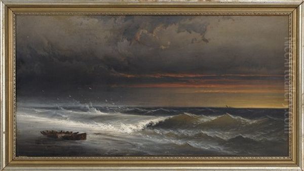 A Launch Washed Ashore Under Sunset Skies Oil Painting by James Hamilton