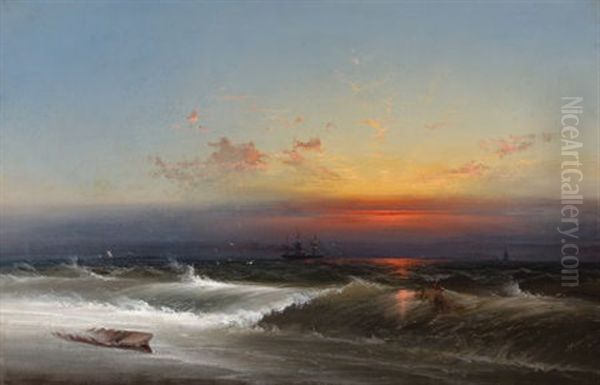 Evening On The Seashore (sunset Breakers Philadelphia Harbor) Oil Painting by James Hamilton