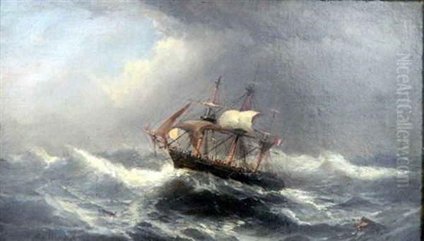 Ship In A Storm Oil Painting by James Hamilton