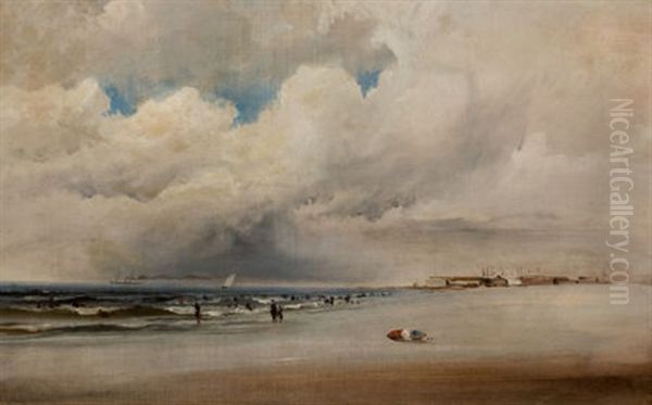 Beach Scene With Dramatic Sky Oil Painting by James Hamilton