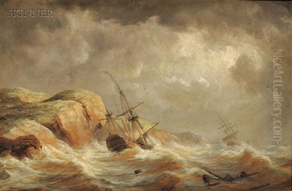 Ships Along A Rocky Coast (+ Ship Ashore; 2 Works) Oil Painting by James Hamilton