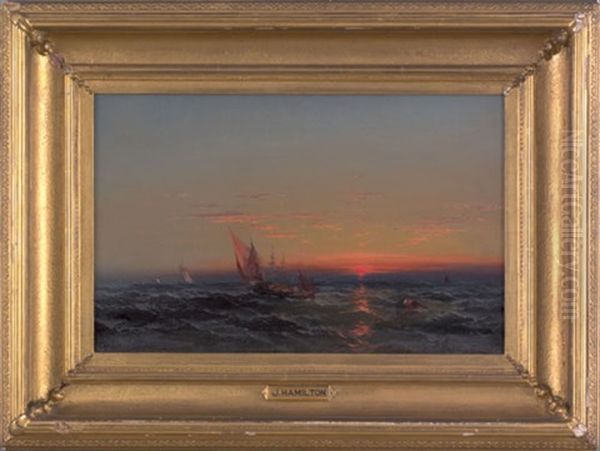 Seascape With Ships At Sunset Oil Painting by James Hamilton