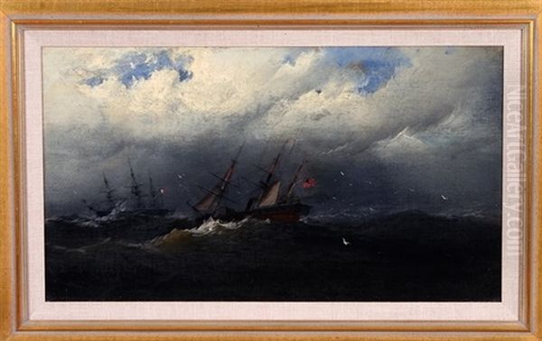 Nocturnal Scene With French And American Ships On Stormy Sea Oil Painting by James Hamilton