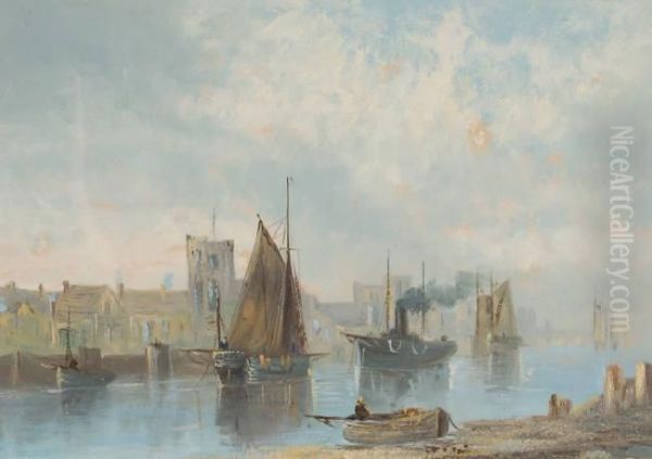 Busy Harbour Scene Oil Painting by John Edward Bale