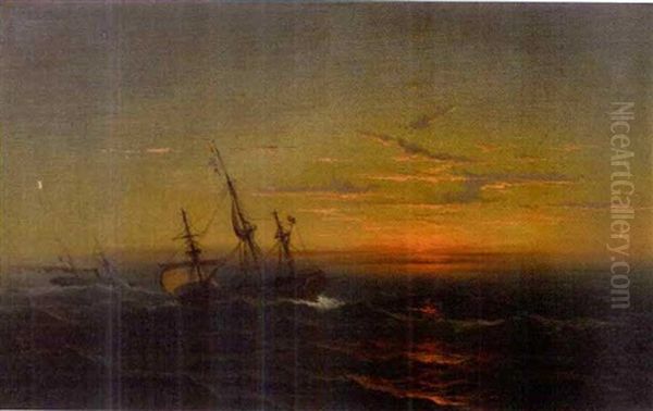 Seascape With Two Ships At Sunset Oil Painting by James Hamilton