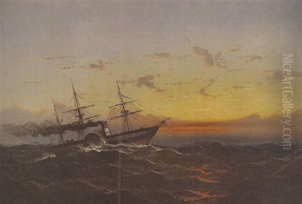 Seascape Of A Steamboat At Sunset Oil Painting by James Hamilton