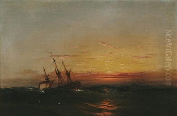 Ships At Sunset Oil Painting by James Hamilton