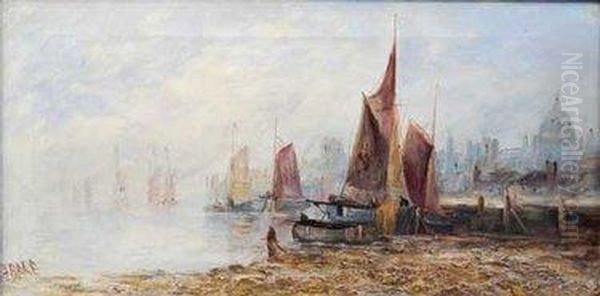 Estuaryscenes With Boats Moored At Low Tide Oil Painting by John Edward Bale