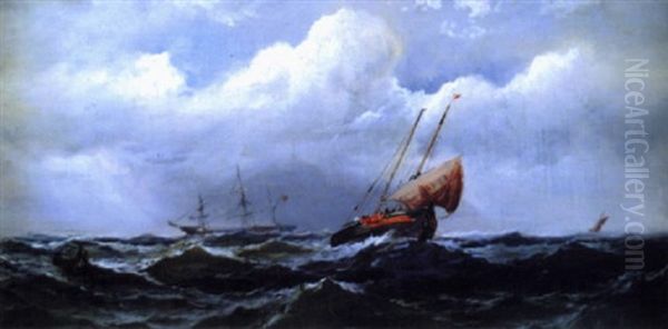 Ships In A Gale Oil Painting by James Hamilton