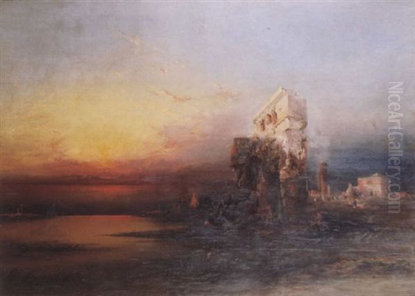 Panoramic Twilight Landscape With Ruins Oil Painting by James Hamilton