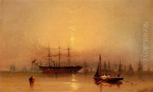 Sunset On Boston Harbor Oil Painting by James Hamilton