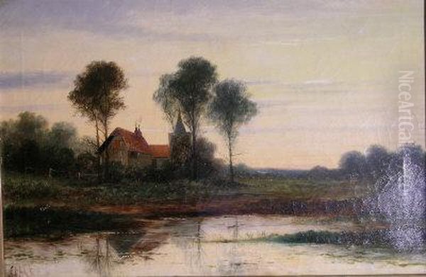 Farm And Church In A Wooded Landscape Oil Painting by John Edward Bale