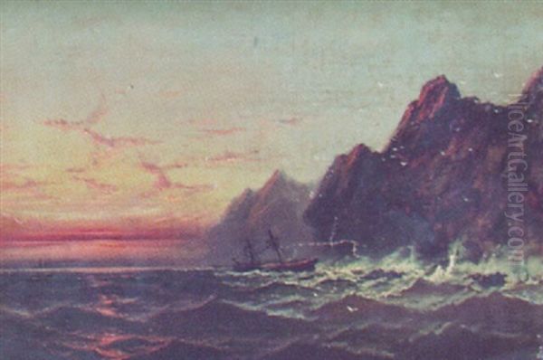 Ship At Sunset Along A Rocky Shoreline Oil Painting by James Hamilton