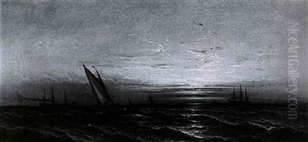 Ships At Sea, Break Of Day Oil Painting by James Hamilton