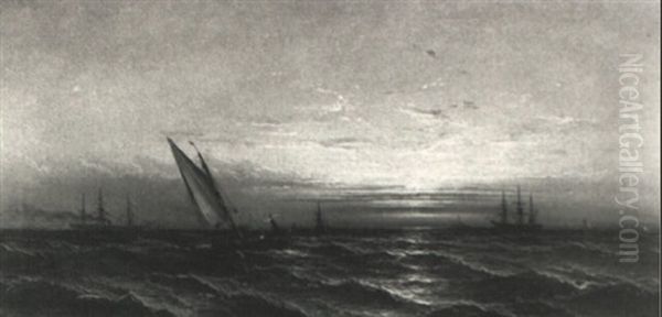 Ships At Sea, Break Of Day Oil Painting by James Hamilton