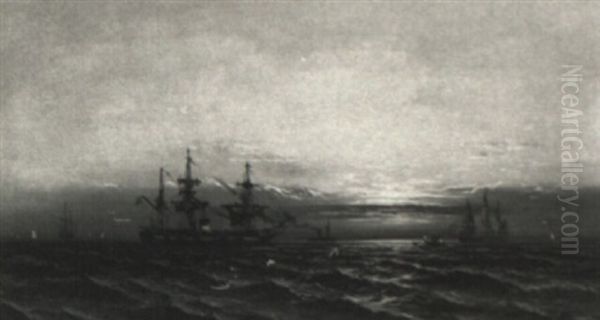 Ships At Sea At Sunrise Oil Painting by James Hamilton