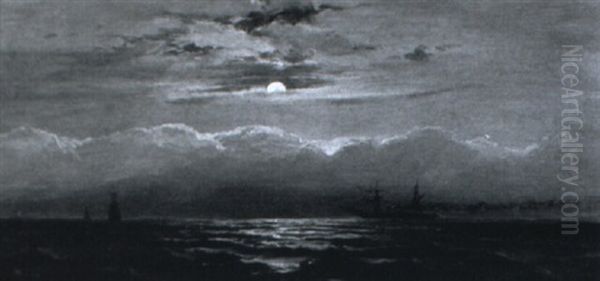 Ships In Moonlight Oil Painting by James Hamilton