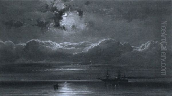 Steamship In Moonlight Oil Painting by James Hamilton