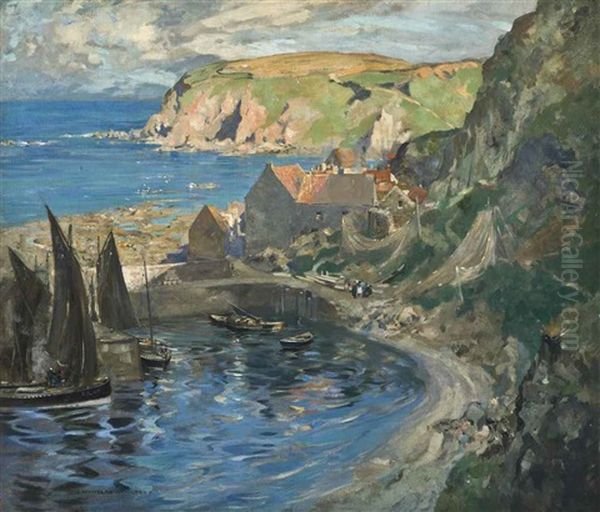 A Berwickshire Fishing Village Oil Painting by James Whitelaw Hamilton