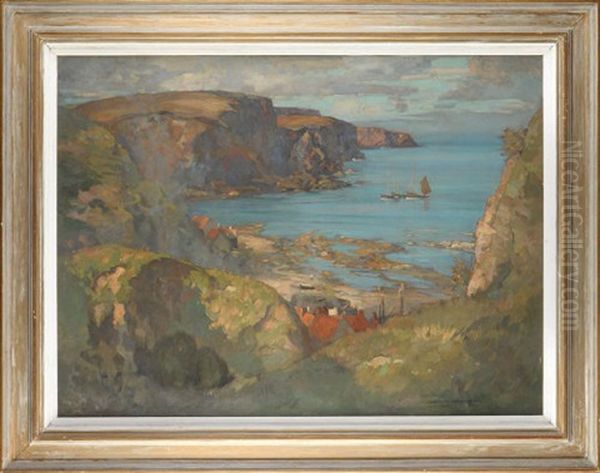 Burnmouth Harbour From The Cliffs Above Oil Painting by James Whitelaw Hamilton