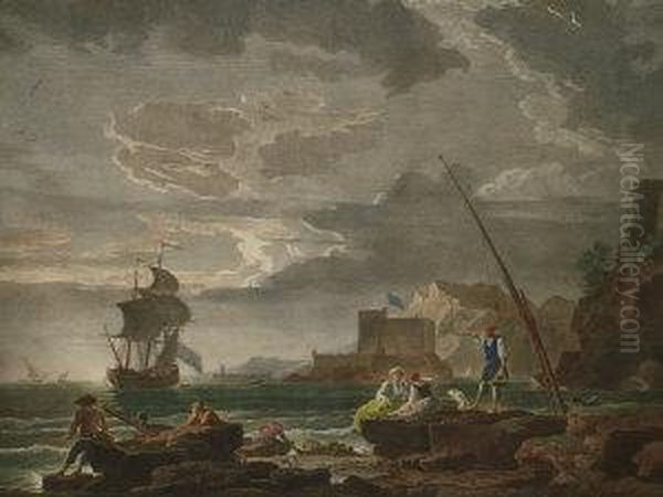 Ship Setting Sail From A Moonlit Harbour And Ashipwreck By Lighthouse In A Storm Oil Painting by Jean-Joseph Balechou