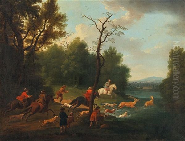 A Stag Hunt Oil Painting by Johann Georg de Hamilton