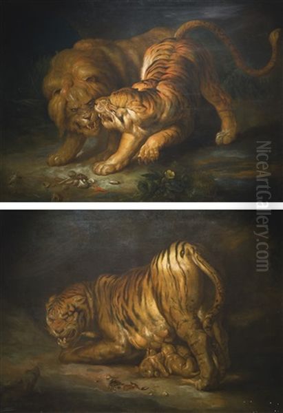 A Tiger And A Lion; And A Tigress And Her Cubs Threatened By A Snake Oil Painting by Johann Georg de Hamilton