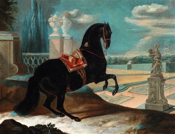 A Black Horse In The Levade, With A Park Landscape In The Background Oil Painting by Johann Georg de Hamilton