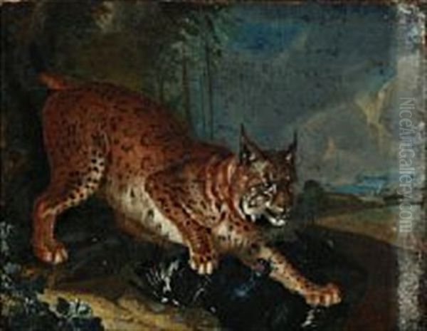 A Lynx Is Hunting A Black Grouse Oil Painting by Johann Georg de Hamilton