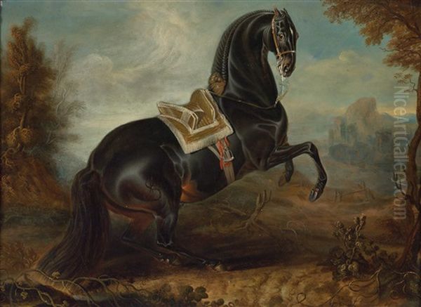 A Landscape With A Black Horse In The Levade Oil Painting by Johann Georg de Hamilton