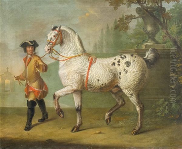 Lipizzanerhengst Mit Krausem Grauen Fell, Prasentiert Von Einem Stallburschen Oil Painting by Johann Georg de Hamilton