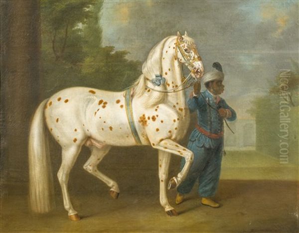 Lipizzanerhengst Mit Tigerschecken-komplex, Prasentiert Von Einem Stallburschen Oil Painting by Johann Georg de Hamilton