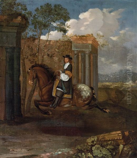 Ein Reiter Auf Einem Pferd In Der Courbette In Sudlicher Landschaft Oil Painting by Johann Georg de Hamilton