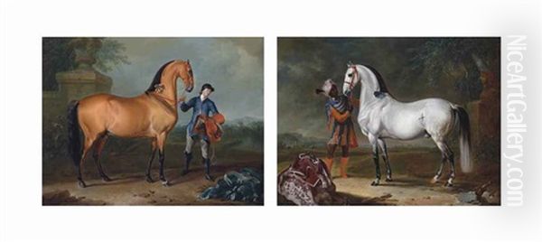 A Bay Stallion Held By A Groom In A Landscape; An Arab Stallion Held By A Groom In Oriental Costume, In A Landscape (pair) by Johann Georg de Hamilton