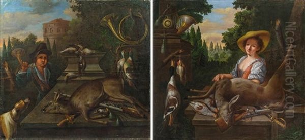 Pendants - Jagdstillleben Mit Einem Jagdgehilfen, Hund Und Radschlossbuchse Und Jagdstillleben Mit Einer Dame Und Steinschlossbuchse (2 Works) Oil Painting by Johann Georg de Hamilton