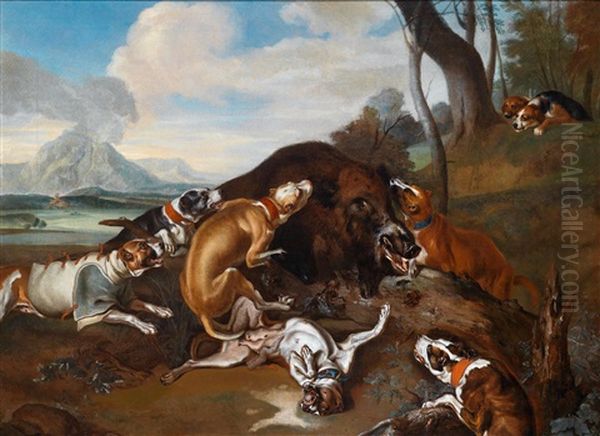 Hunde Einen Keiler Stellend Oil Painting by Johann Georg de Hamilton