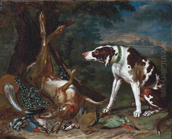 A Pointer With A Hare, A Musket, A Hunting Horn, Finches And Other Birds, In A Landscape Oil Painting by Johann Georg de Hamilton