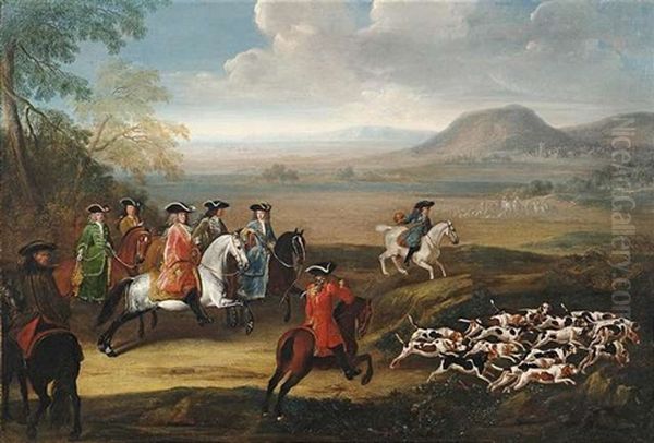 Adelige Jagdgesellschaft Mit Hundemeute Vor Weitem Landschaftshintergrund Oil Painting by Johann Georg de Hamilton