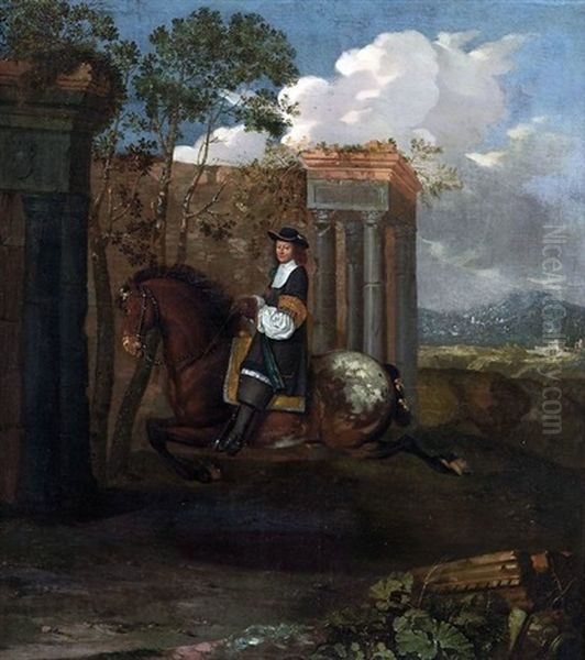 Reiter Bei Der Courbette Vor Sudlicher Landschaft Mit Antiken Tempelruinen Oil Painting by Johann Georg de Hamilton