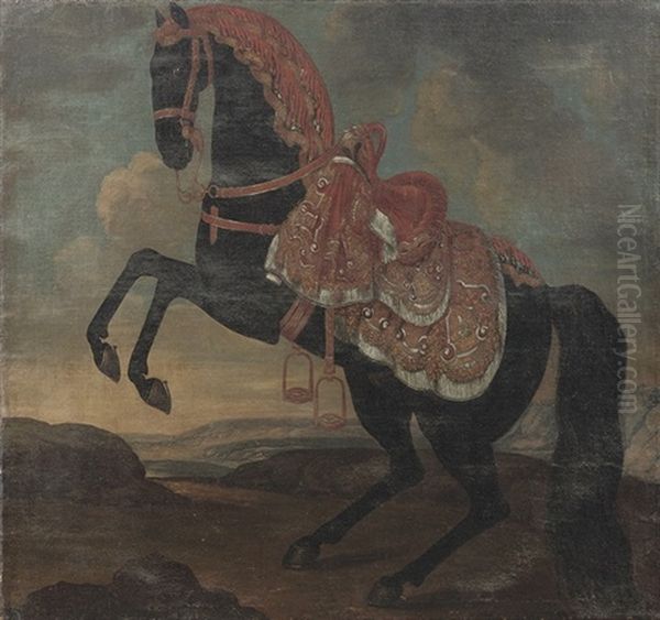 A Rearing Black Stallion, Possibly A Lipizzaner Oil Painting by Johann Georg de Hamilton